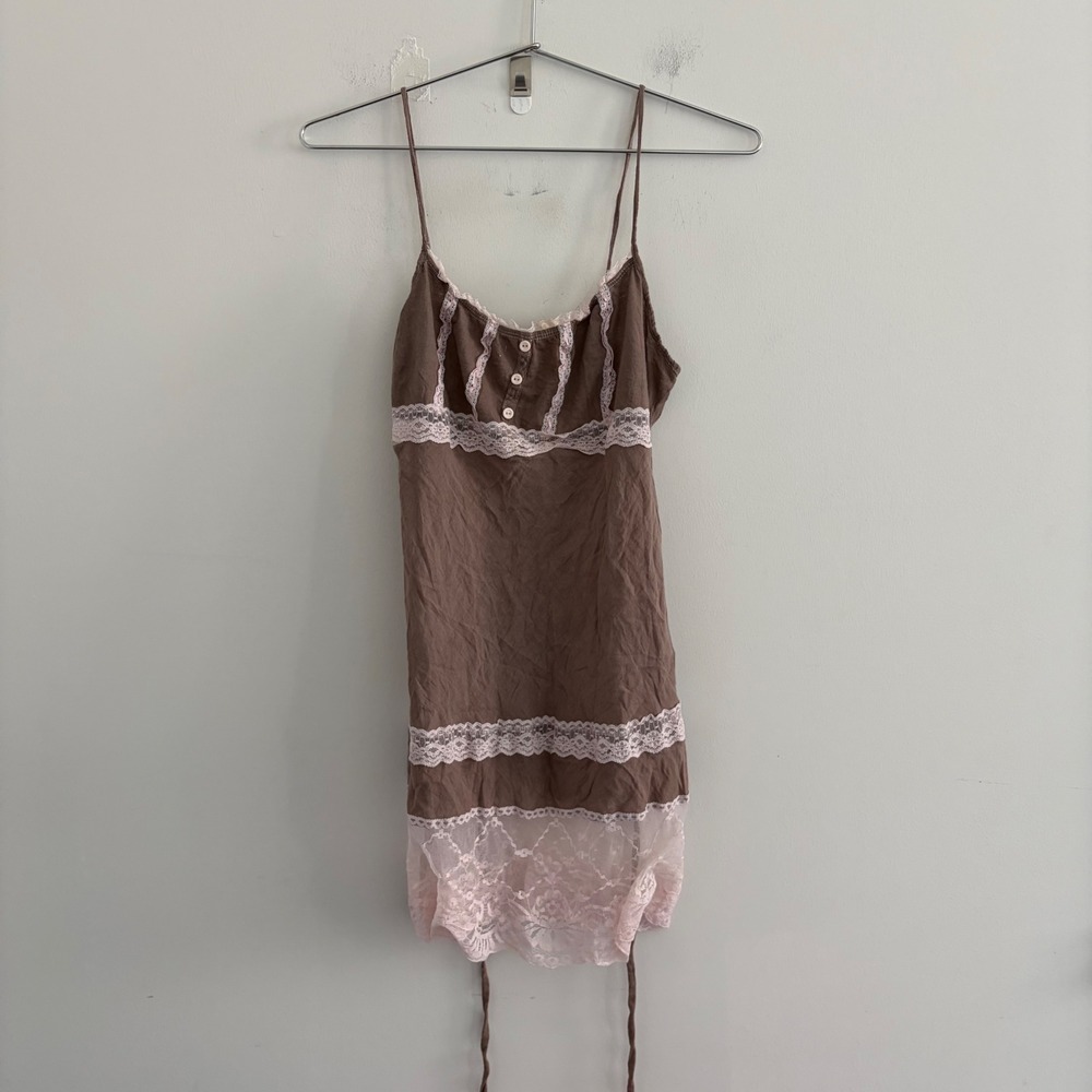 Easel Brown Pink Lace Trim Cami Mini Dress Y2K Coquette Large T2806